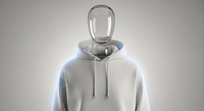 Minimalist hoodie product display on abstract glass mannequin
