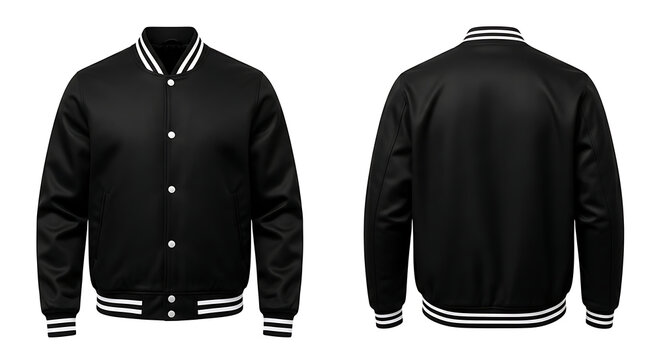 Classic black varsity jacket with white striped ribbed collar and cuffs shown front and back bomber isolated on a transparent background
