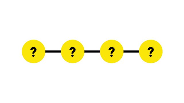 Four yellow circles with black question marks connected by a straight line on white background representing faq inquiry and many unanswered questions