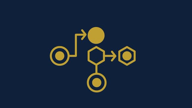 Golden yellow workflow diagram icon with connected circles and hexagon nodes on a dark navy background representing automation and version branching