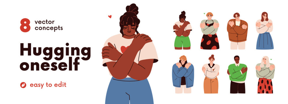 Self love, care, hug yourself. Persons embrace own bodies. Woman hugging herself, man embracing himself for love, support. People respect themselves. Healthy self-esteem concept. Vector illustrations
