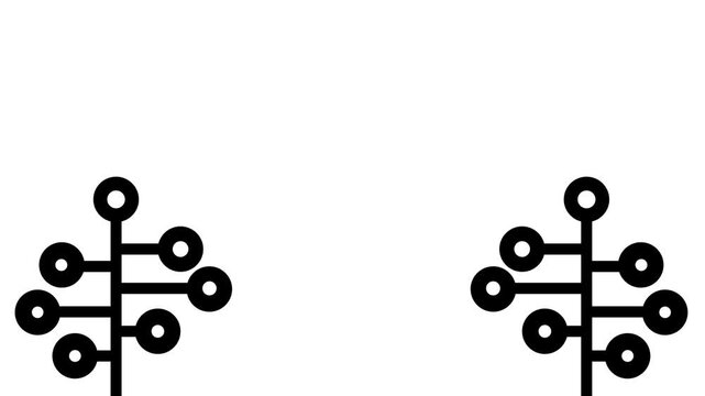 Two black circuit tree icons with connected nodes placed on left and right sides of a white background representing ai neural network and technology