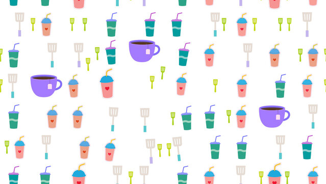 Seamless pattern of cartoon drinks and kitchen utensils