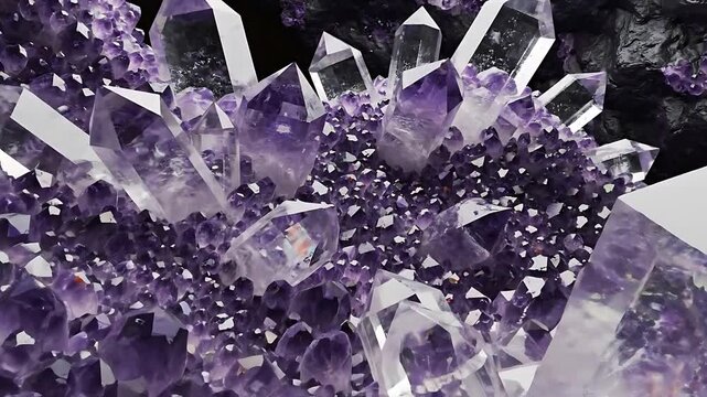 Stunning macro view of raw purple amethyst gems and transparent quartz crystal points in a natural cluster