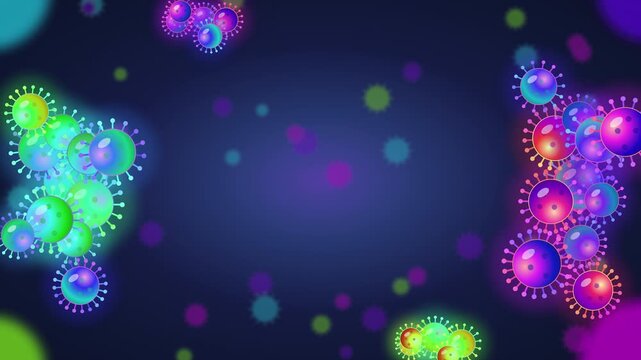 Iridescent virus cluster glows in neon microscope light seamless loop
