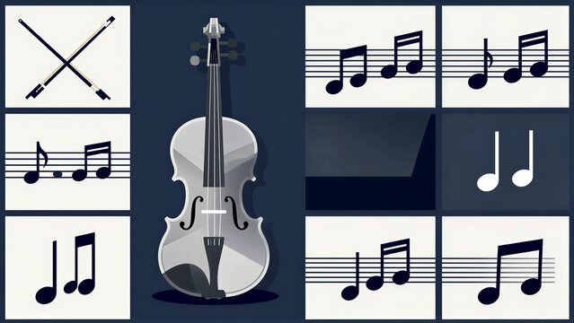 Violin surrounded by musical notes and symbols on a dark background.