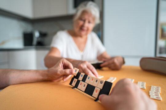 Senior mother and son enjoy family tile game at home