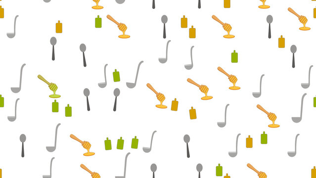 Seamless pattern of kitchen utensils and honey dippers