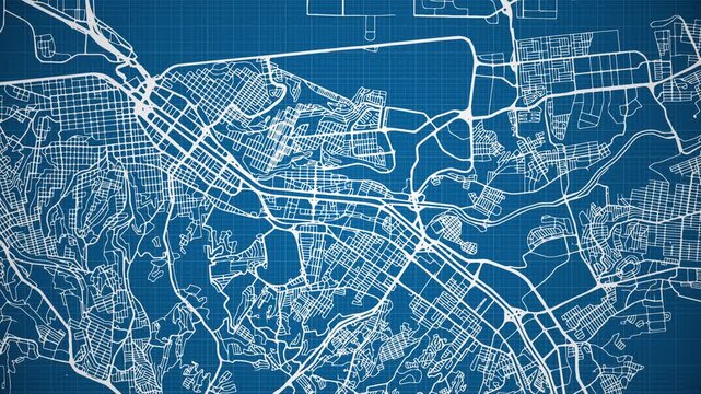 Ink reveal animation of Tijuana city, Baja California, Mexico (M&eacute;xico) grid map. Aerial top view. Blueprint style. White lines with blue background. 4K Seamless loop.