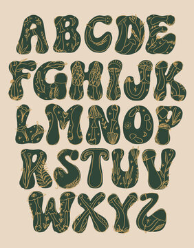 Hippie bohemian groovy postmodern funky font 1960s in boho psychedelic style. Mystical mushroom alphabet set featuring english letters decorated with wild fungi, botanical plants, leaves and ferns