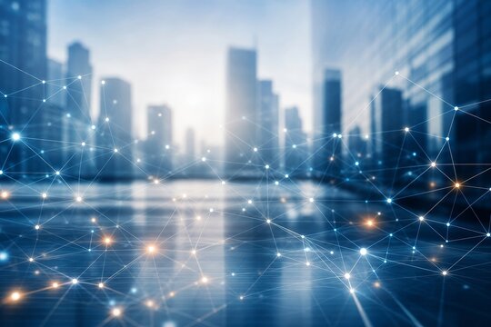 Abstract digital network connection lines over a blurred city skyline during the daytime