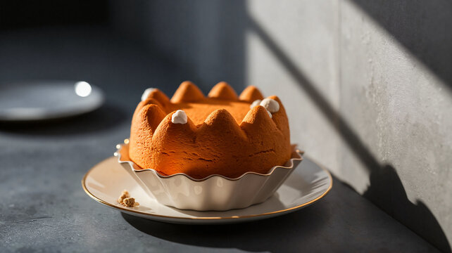 Orange bundt cake on a silver plate with light shadow patterns  
