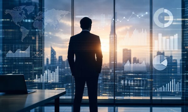 Businessman looking at city skyline through office window with digital data charts overlaying