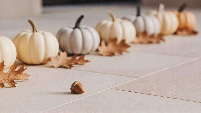 Assorted decorative pumpkins and autumn leaves on a tiled surface  