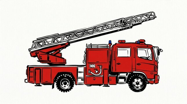 Sketch illustration of a red fire engine with a ladder