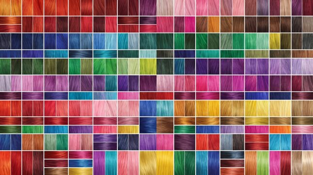 Hair color palette displaying vibrant multicolored shades,  professional salon concept, modern beauty styling, colorful hair dye selection, and design