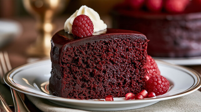 Delicious Homemade Beetroot Chocolate Cake Sliced on a Plate with Raspberries
