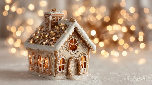 Glistening gingerbread house warmly illuminated, covered in snow, resting against a magical bokeh backdrop, perfect concept for winter holidays