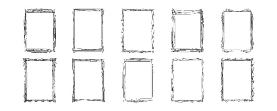 Frame line sketch square shape, border rectangle pencil scratch texture. Badge marker edge, empty text box doodle hand drawn set isolated on white background. Simple stroke icon. Vector illustration