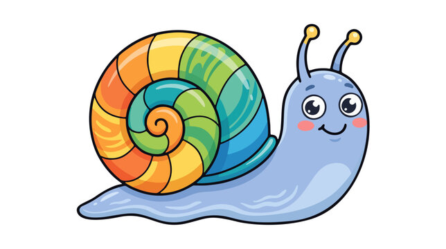 Cute sea snail character vector illustration with a colorful spiral shell, rounded body, friendly expression, clean bold outline, and bright colors isolated on white background.