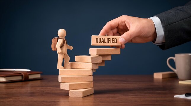 Wooden figure climbing stairs made of blocks while businessman placing qualified text piece for career growth