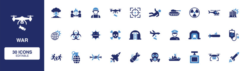 Obraz premium War Solid Icon Set with combat drone, military tank, missile attack, armed soldier, helicopter, bomb, gas mask, battlefield explosion, fighter aircraft and emergency response