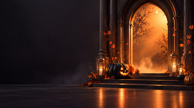 Cinematic Halloween Archway with Glowing Pumpkins and Dark Copy Space