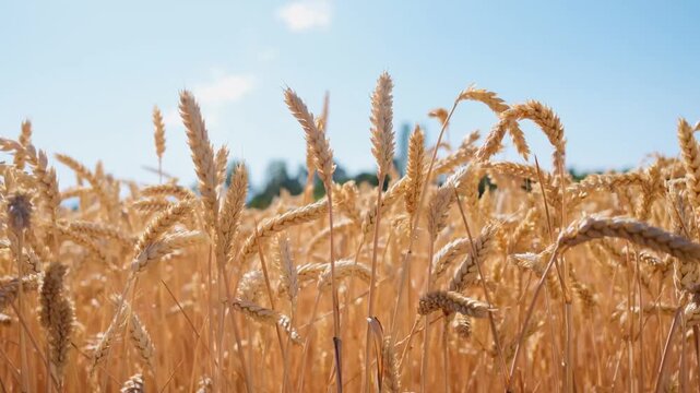 Golden wheat field under clear blue sky