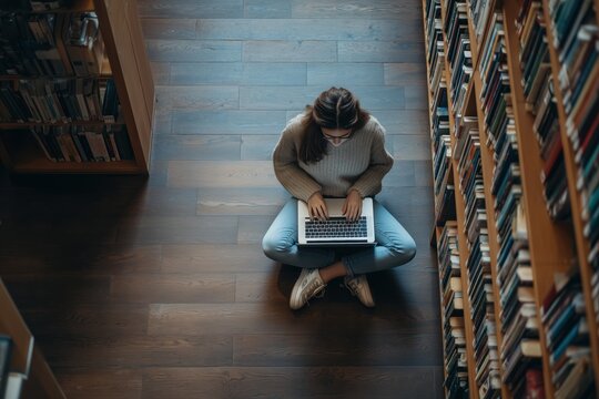 Top view of a student with a laptop and books in a library, sitting on the floor near bookshelves at a university or school.