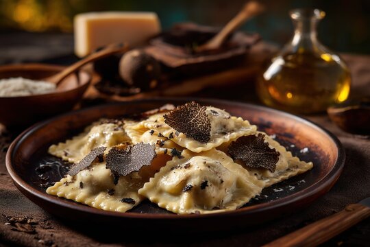 Truffle ravioli on a plate, with a dark brown background and truffles and sauce.
