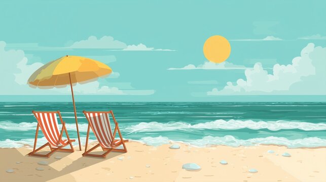 Beach background with sun umbrella, deck chair, and summer holiday vacation items on the beach.