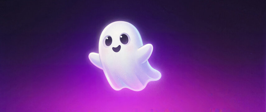 A cute ghost floating against purple gradient background for Halloween, party design
