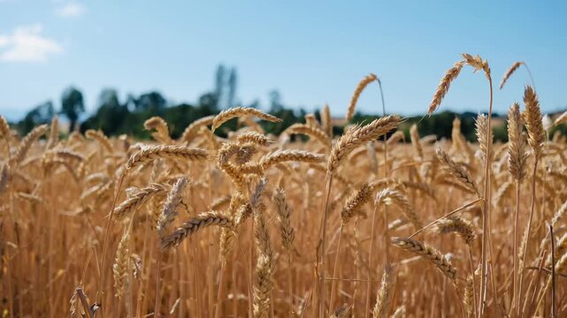 Golden wheat field under a bright blue sky
