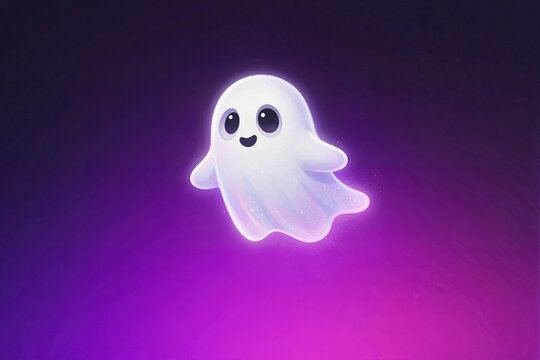 A cute ghost floating against purple gradient background for Halloween, party design