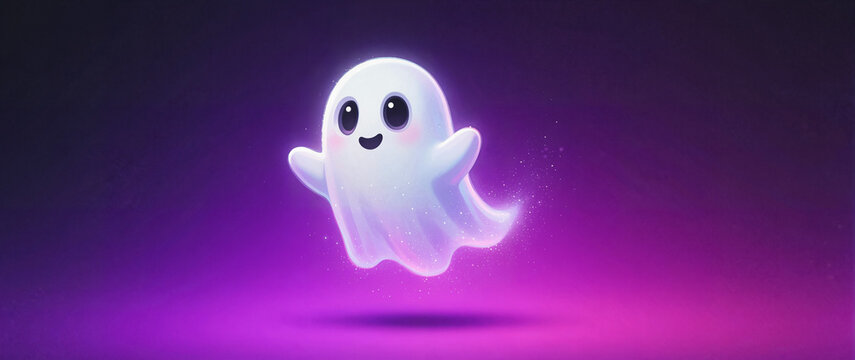 A cute ghost floating against purple gradient background for Halloween, party design