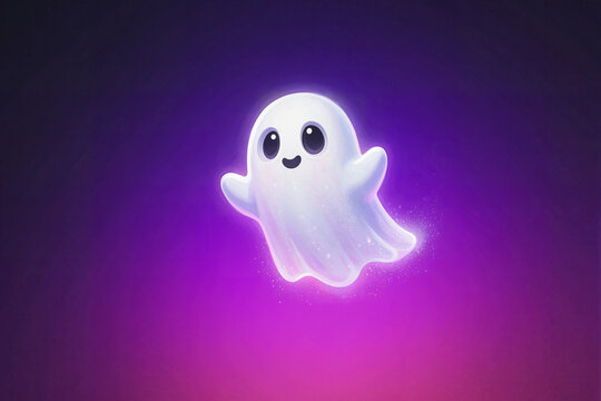 A cute ghost floating against purple gradient background for Halloween, party design