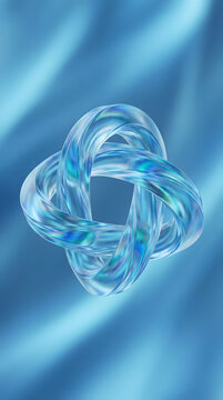 Abstract 3D Iridescent Glass Toroid Knot Floating on Soft Blurry Blue Background for Modern Graphic Design