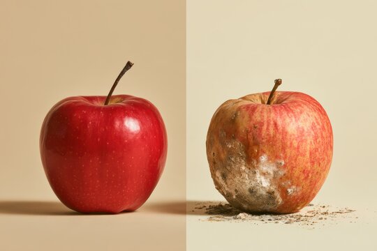 Apple transforming from fresh to rotten with mold and decay