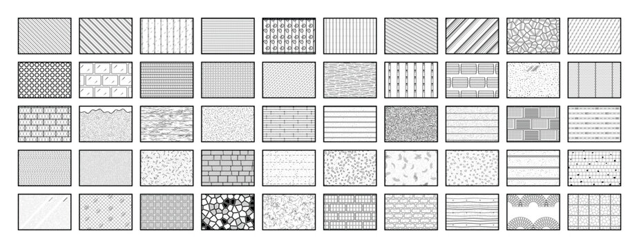 Architectural hatch pattern swatches. Brick, stone, wood grain, concrete, tile, gravel and paving fills for CAD drawing, floor plan and section. Black and white line texture collection. Vector