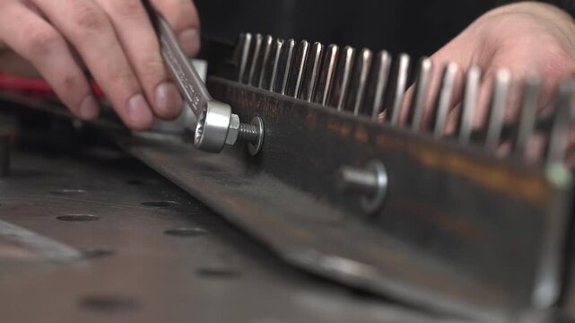 An engineer tightens nuts on a mechanism featuring homemade serrated blades.