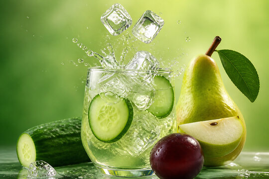 A refreshing green cocktail with cucumber slices and ice is surrounded by fresh fruit like a pear, apple, and plum on a green surface.