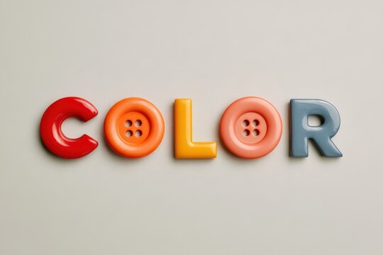Brightly colored letters and buttons forming the word color on a light background