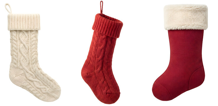 Festive Christmas stockings featuring classic knitted red and white textures arranged in a group for holiday celebration decor isolated against a clean simple on transparent background