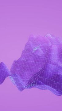 Vertical floating polygonal wireframe mesh bends with gentle undulating motion against a purple background in 3D animation