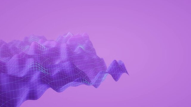 Floating purple wireframe plane with wavy polygonal folds and particles drifts over a clean background in a 3D render