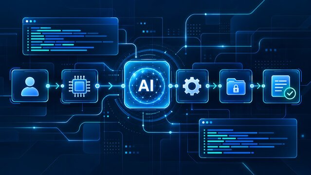 Automated AI data processing workflow diagram connecting user input, microchip, security encryption, and verified document output