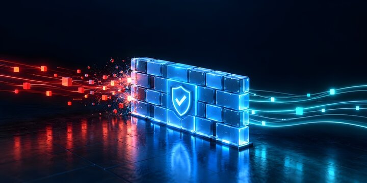 Digital firewall brick barrier with security shield filtering malicious red cyber threats into clean encrypted data streams on dark background