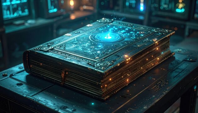 Ancient glowing book on pedestal indoors.