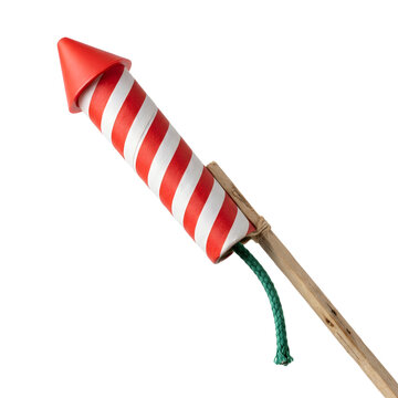 Classic red and white striped firework rocket with a green fuse and wooden stick for festive celebrations, Independence Day, and New Year events, isolated on white with transparent background.