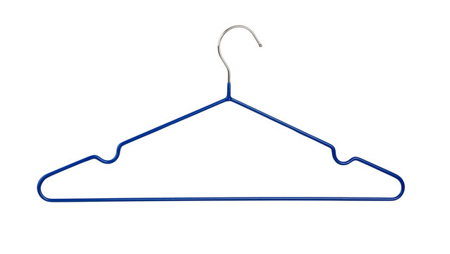 Wire hanger in blue color hanging on white background